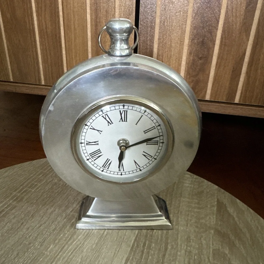 Silver Mantel Clock Pocket Watch Style Desk Top Table Bookshelf Heavy 9½